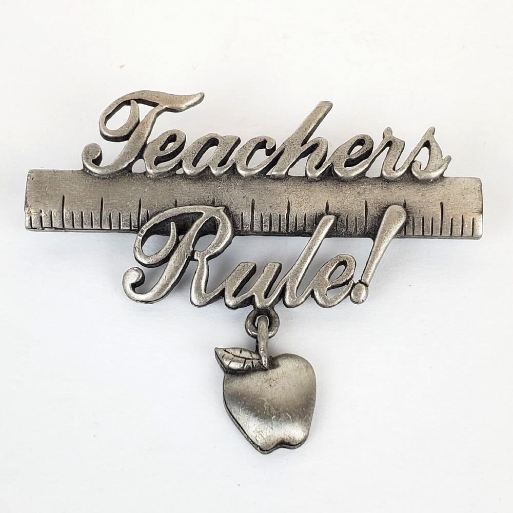 Vintage Signed JJ Pewter Teachers Rule Apple Ruler Brooch Pin